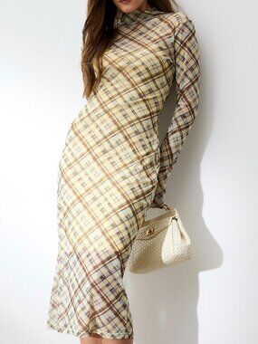 NWT Checkered micromesh maxi mock-neck dress